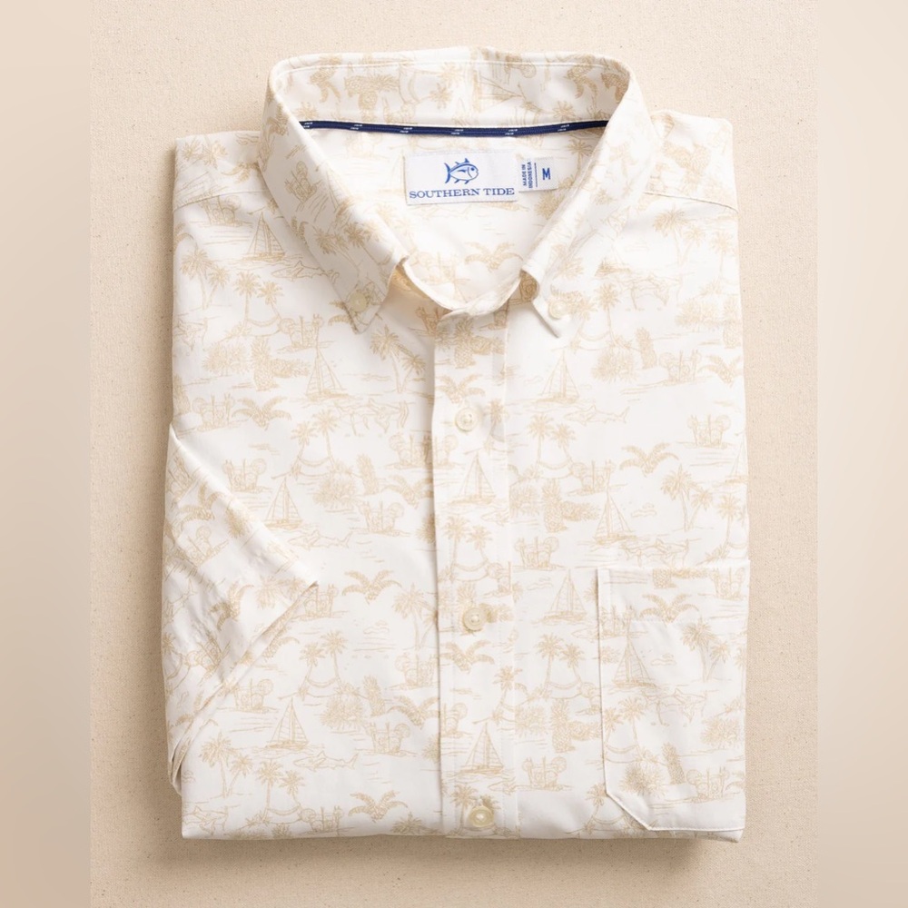 NEW Southern Tide mens L Large tan white tide to the shore intercoastal shirt